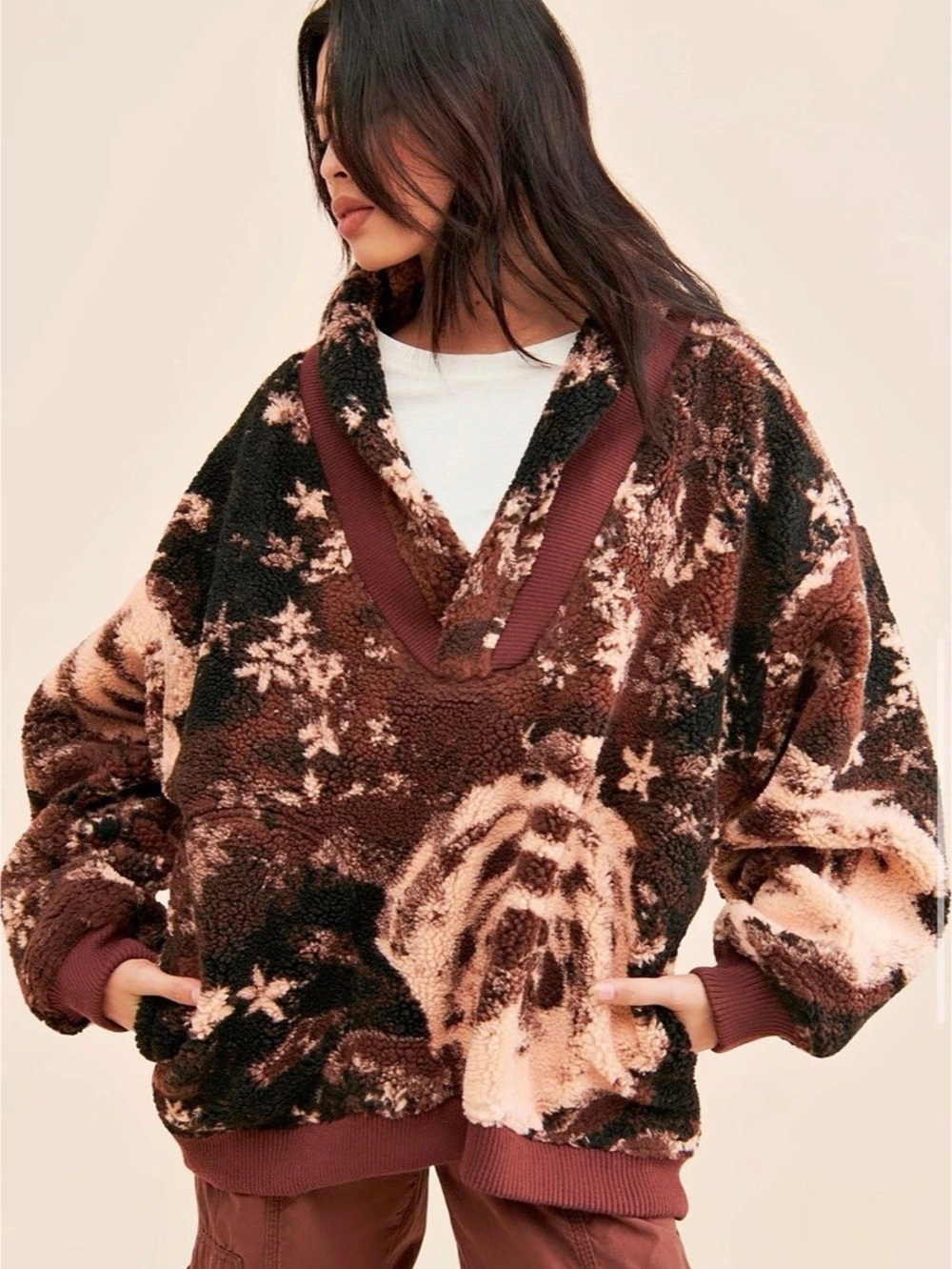 Free People Rosie Printed Sherpa fleece pullover jacket size medium